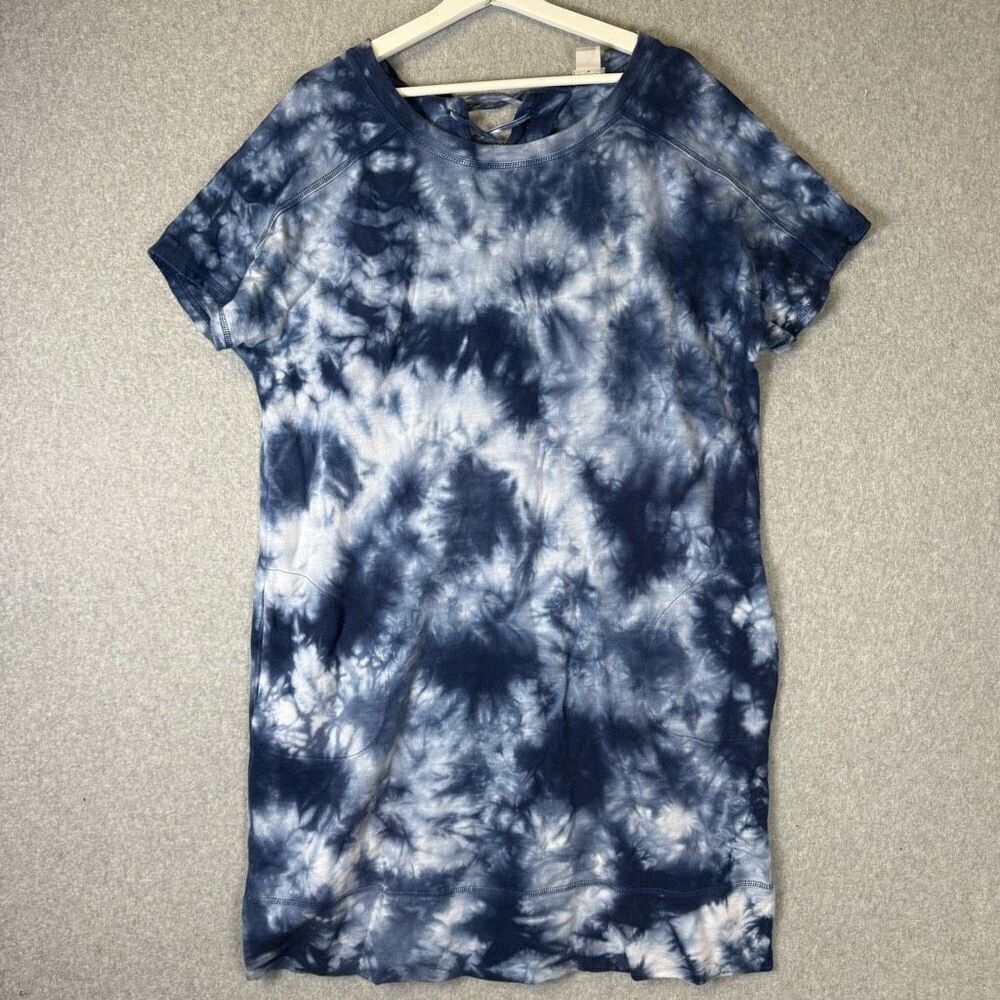 Chicos Zenergy Women 2 US 12/14 Tie Dye Mini Dress Blue Lace Up Neck 100% Cotton